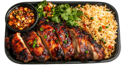 Delicious grilled chicken with rice and sauce. transparent background