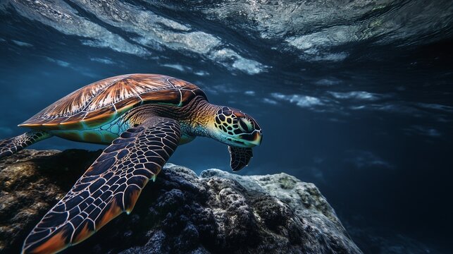 Sea turtle swimming gracefully underwater near coral reef, displaying vibrant shell patterns in clear blue water.