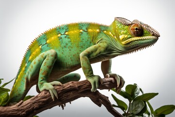 Obraz premium A vibrant green chameleon perched on a branch, showcasing its unique colors and texture in a natural setting.