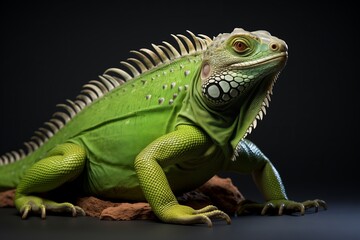 Fototapeta premium A vibrant green iguana displaying intricate patterns and textures in a dramatic lighting setup.