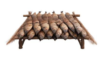 Dried fish on a wooden rack, traditional preservation. transparent background