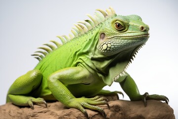 Obraz premium A vibrant green iguana perched gracefully on a rock, showcasing its striking features and unique coloration.
