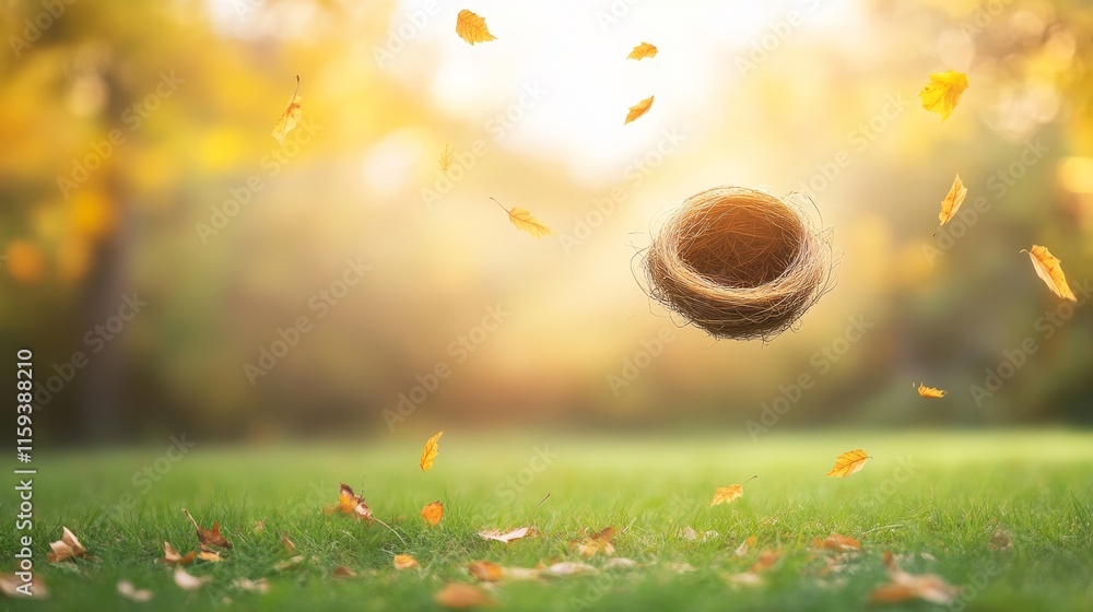 Aufkleber peaceful scene of a floating nest surrounded by gentle autumn leaves in a softly blurred nature back