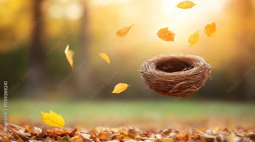 Poster serene autumn scene with floating nest surrounded by falling leaves in a warm, soft focus landscape 