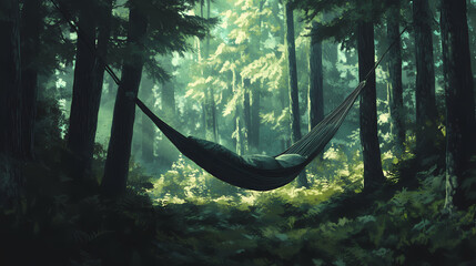 Swinging hammock in the forest. generative ai. Bracken. Illustration