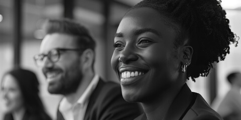 Smiling business professionals engaged in a positive office meeting. Collaborative environment with colleagues.