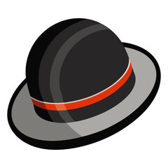 black bowler hat with shiny red band, vector illustration of a black bowler hat featuring a glossy red band and polished finish, perfect for vintage and formal fashion themes.
