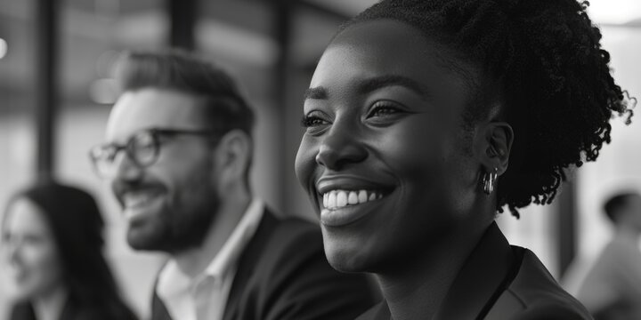 Smiling business professionals engaged in a positive office meeting. Collaborative environment with colleagues.