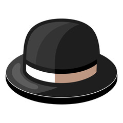 black bowler hat with white and beige band, vector illustration of a black bowler hat featuring a white and beige band and a sleek glossy finish, ideal for formal and vintage fashion themes.
