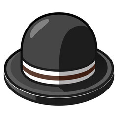black bowler hat with white and brown band, vector illustration of a black bowler hat featuring a white and brown striped band and glossy finish, ideal for vintage fashion themes.
