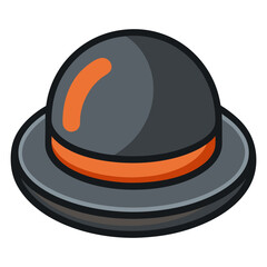 black bowler hat with orange band, vector illustration of a black bowler hat featuring an orange band and glossy finish, perfect for vintage fashion and accessory themes.
