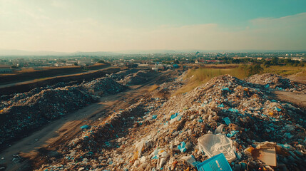 Przejmujący obraz wysypiska, z różnorodnymi plastikowymi odpadami rozciągającymi się po horyzont.