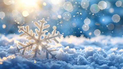 A serene snowy landscape with a fallen snowflake in the foreground on a sunny day.