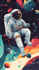 Fototapeta premium An astronaut floats through a vibrant cosmic scene filled with planets and colorful swirls.