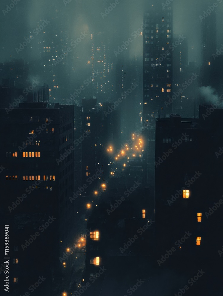 Poster Dark cityscape illuminated by scattered windows during the quiet night hours reflecting an urban atmosphere. Generative AI