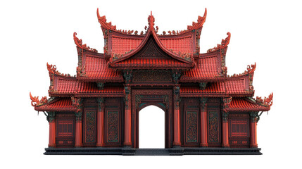Fototapeta premium Traditional red Asian temple with ornate details. transparent background