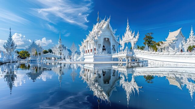 Stunning white temple reflecting in tranquil water, serene architecture, Thailand.