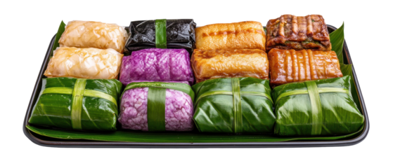 Assorted traditional rice cakes on a platter. transparent background