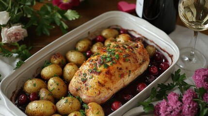 Romantic valentine's day dining experience featuring roasted pheasant with cranberry port sauce cozy home setting