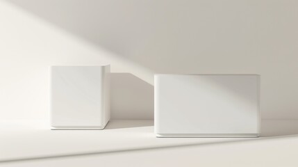 Fototapeta premium Three rectangular boxes cast shadows on a white wall, demonstrating the interplay of light and shadow.