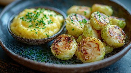 Roasted brussels sprouts with mashed potatoes.