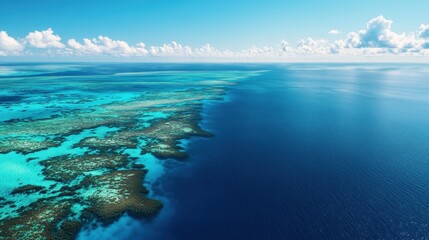Fototapeta premium Expansive view of a pristine coastline featuring turquoise waters and ecologically rich islands, bathed in bright sunlight and dotted with clouds. Generative AI
