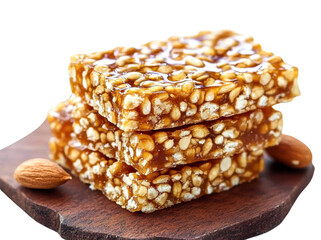 sesame seed brittle candy stack on wooden board