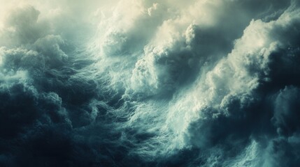 Obraz premium Dark storm clouds gather over a turbulent ocean, creating a dramatic interplay of light and shadow as twilight approaches, enhancing the atmosphere. Generative AI