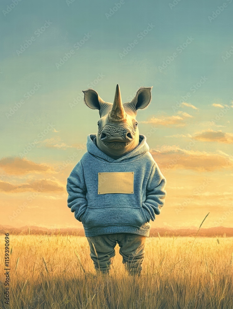 Poster Close up of a rhino in a barren savanna with ample copy space for text overlay. Generative AI