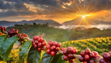 Grãos de café no galho e plantação ao fundo - conceito agrícola, agro - Generated image