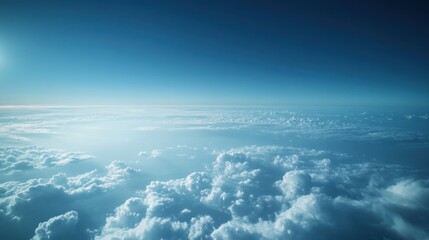 Naklejka premium Above the horizon, soft white clouds stretch across a serene blue sky as sunlight illuminates the peaceful atmosphere during the day. Generative AI