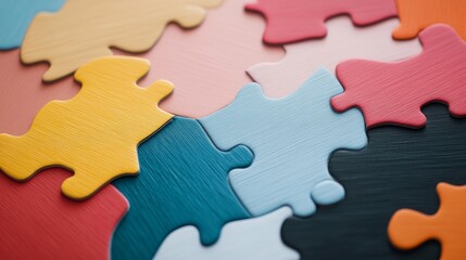 Fototapeta premium Colorful puzzle pieces arranged on a surface showcasing vibrant colors and textures, symbolizing problem-solving, creativity, and teamwork concepts in various contexts