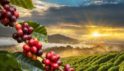 Grãos de café no galho e plantação ao fundo - conceito agrícola, agro - Generated image
