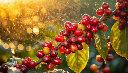 Grãos de café no galho e plantação ao fundo - conceito agrícola, agro - Generated image