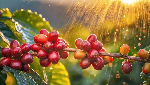 Gr&atilde;os de caf&eacute; no galho e planta&ccedil;&atilde;o ao fundo - conceito agr&iacute;cola, agro - Generated image