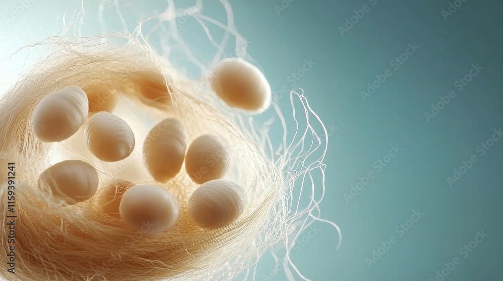 Poster Aerial View of White Eggs Nestled in a Delicate Natural Nest Surrounded by Soft Fuzz against a Calm Blue Background for Easter and Spring Themes