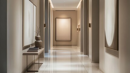 Modern minimalist hallway with clean, elegant design. Featuring neutral tones and sleek furnishings