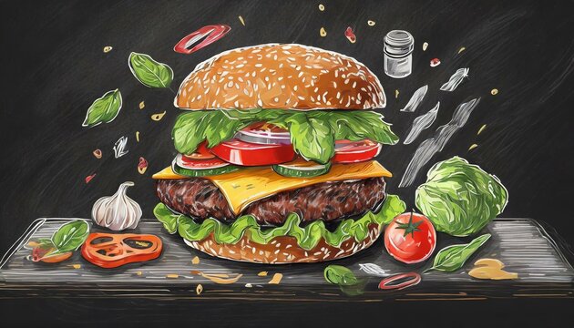 desenho de lanche de hamburguer recheado com muitos ingredientes, maximalismo - Generated image