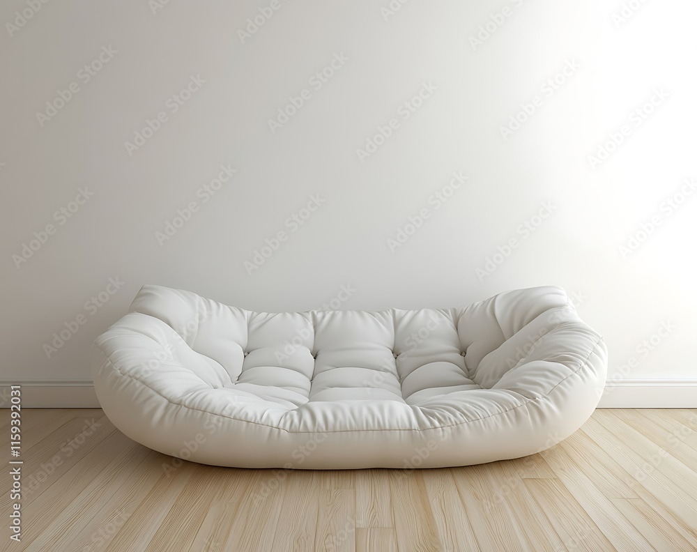 Poster a cozy white sofa in a modern minimalistic room with a wooden floor and a pristine white wall, mocku