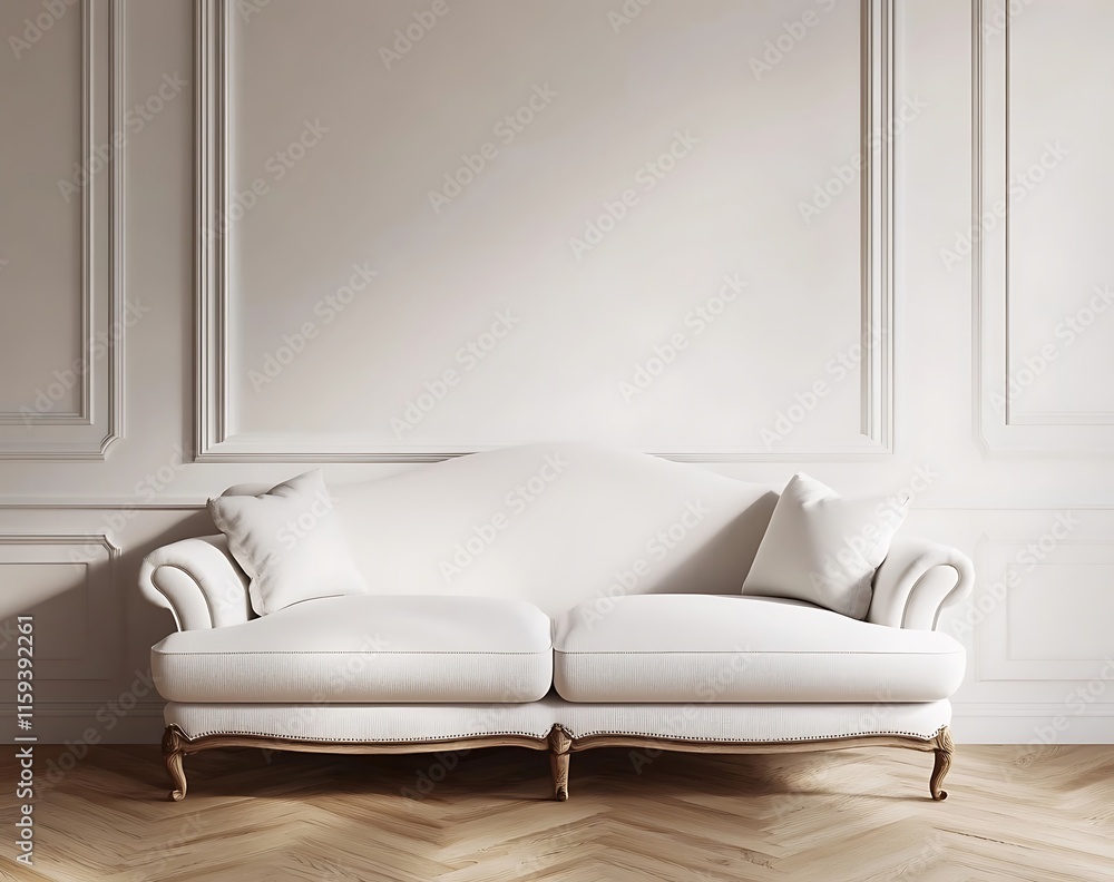 Poster a cozy white sofa in a modern minimalistic room with a wooden floor and a pristine white wall, mocku