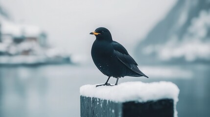 Bird perched on snowy post winter