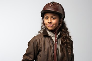 A young girl smiles confidently in riding gear, showcasing her love for equestrian sports and horse riding.