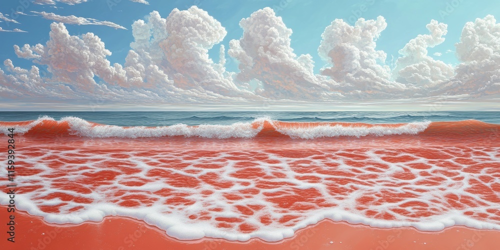 Poster waves gently lap against a vibrant orange shoreline while fluffy clouds float in a clear blue sky, c