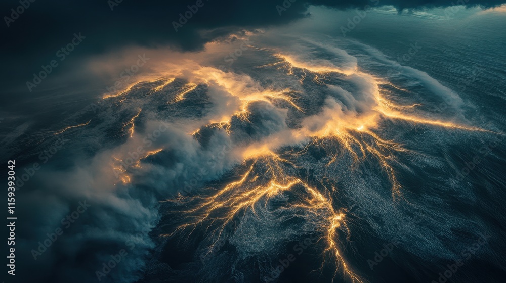 Poster Flashes of lightning cut through dark storm clouds, reflecting on rough ocean waves at twilight, creating a breathtaking natural display of power. Generative AI