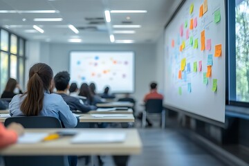 Students in a bright classroom seminar with projector