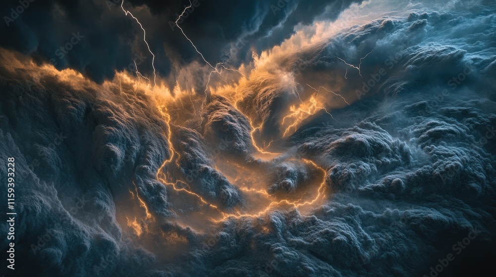 Poster a powerful display of nature as lightning crackles through dark storm clouds, creating an intense co