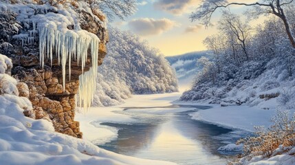 A stunning winter landscape featuring a rocky cliff adorned with icicles, overlooking a frozen river winding through a snowy valley.