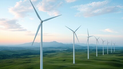 Wind energy revolution turbines in rolling hills renewable energy scenic landscape aerial view sustainability focus
