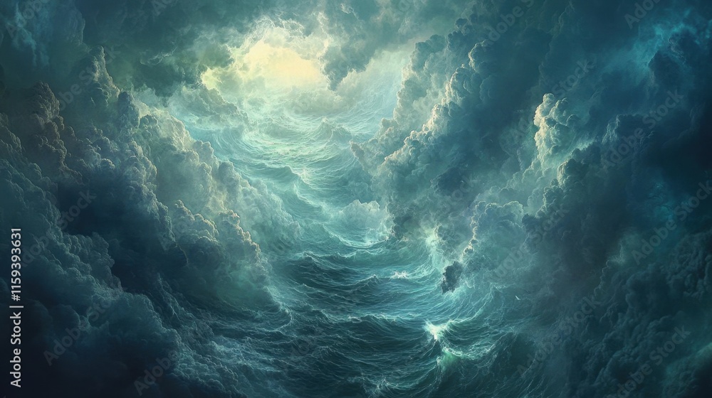 Poster dark, turbulent clouds loom above churning ocean waters, illuminated by soft light breaking through 