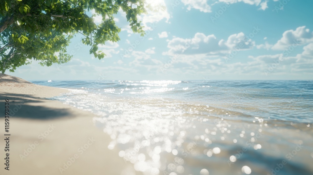 Poster sunlight reflects off gentle waves lapping the shore of a sandy beach, creating a serene atmosphere 